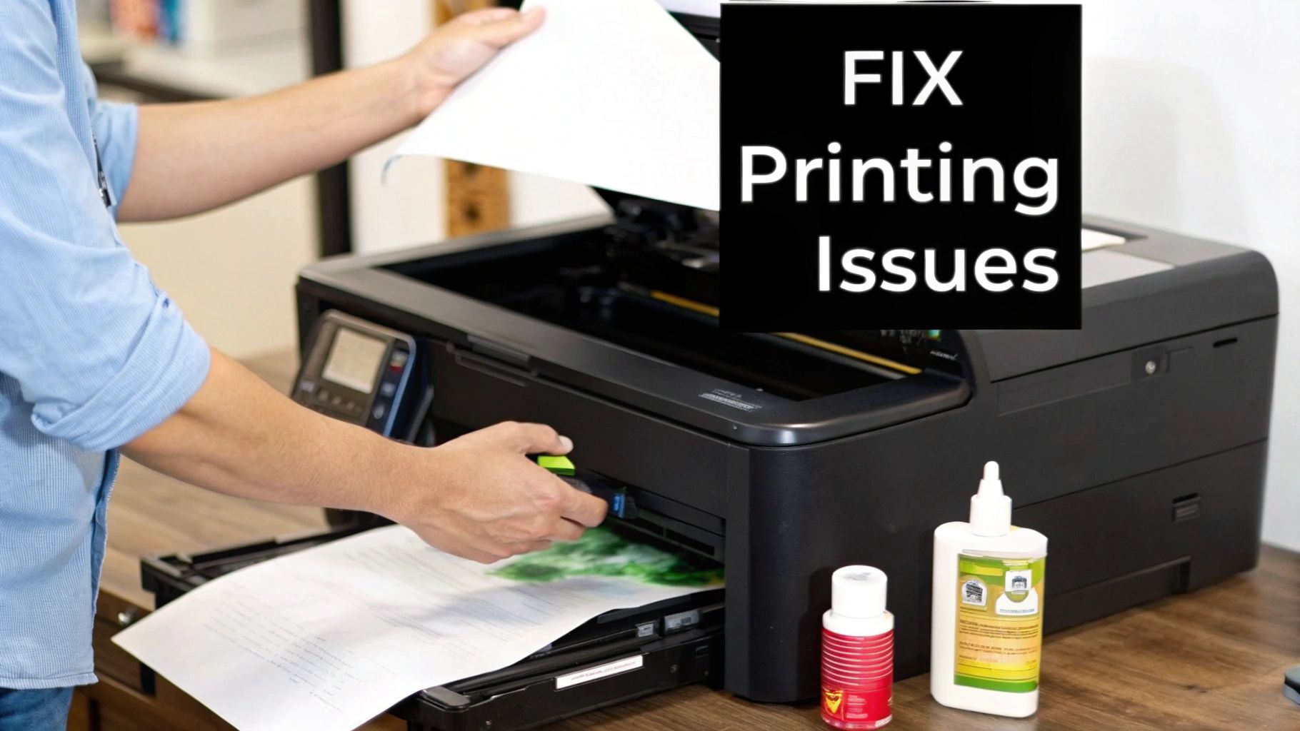 A person troubleshooting a printer, looking at the ink cartridge area with a focused expression.