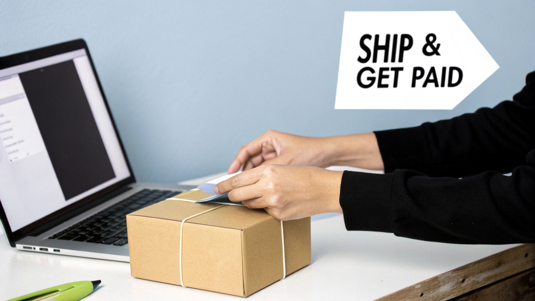 Person preparing package for shipment to sell ink cartridges and get paid online