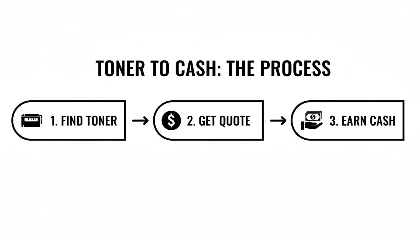 A three-step flowchart outlining the process of turning toner into cash: find toner, get a quote, and earn cash.