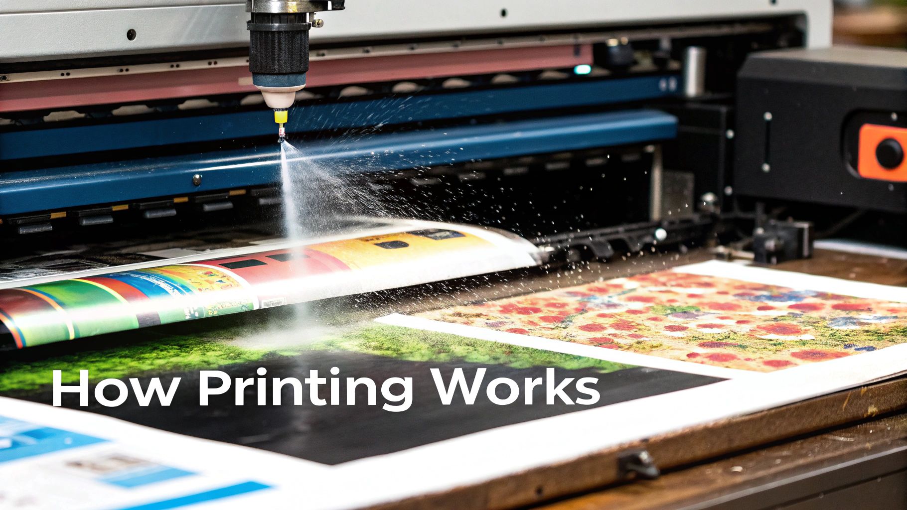 A large format industrial printer nozzle sprays ink onto brightly colored paper during the printing process.