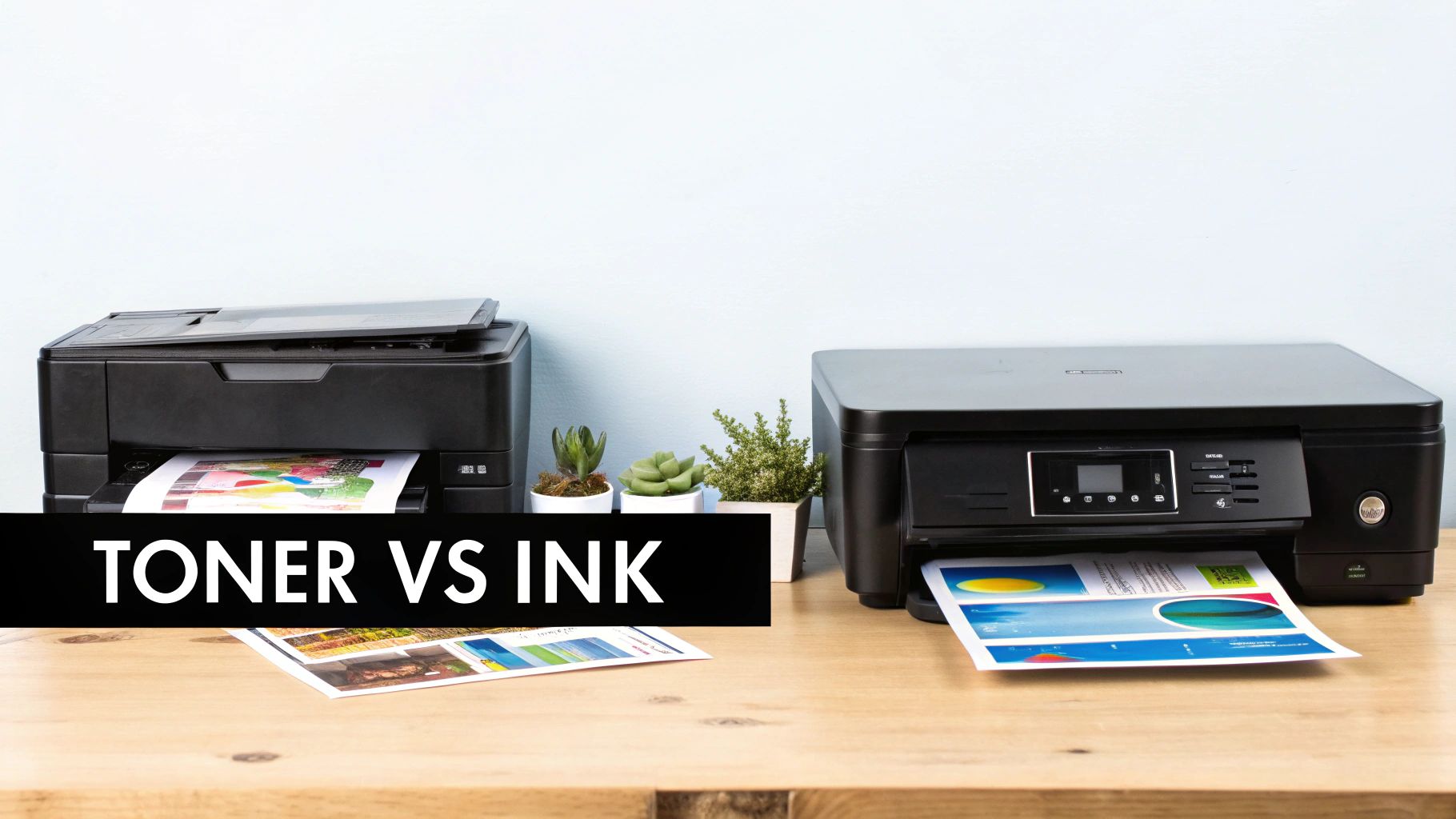Two desktop printers, one with toner and one with ink, on a wooden desk with a white background.