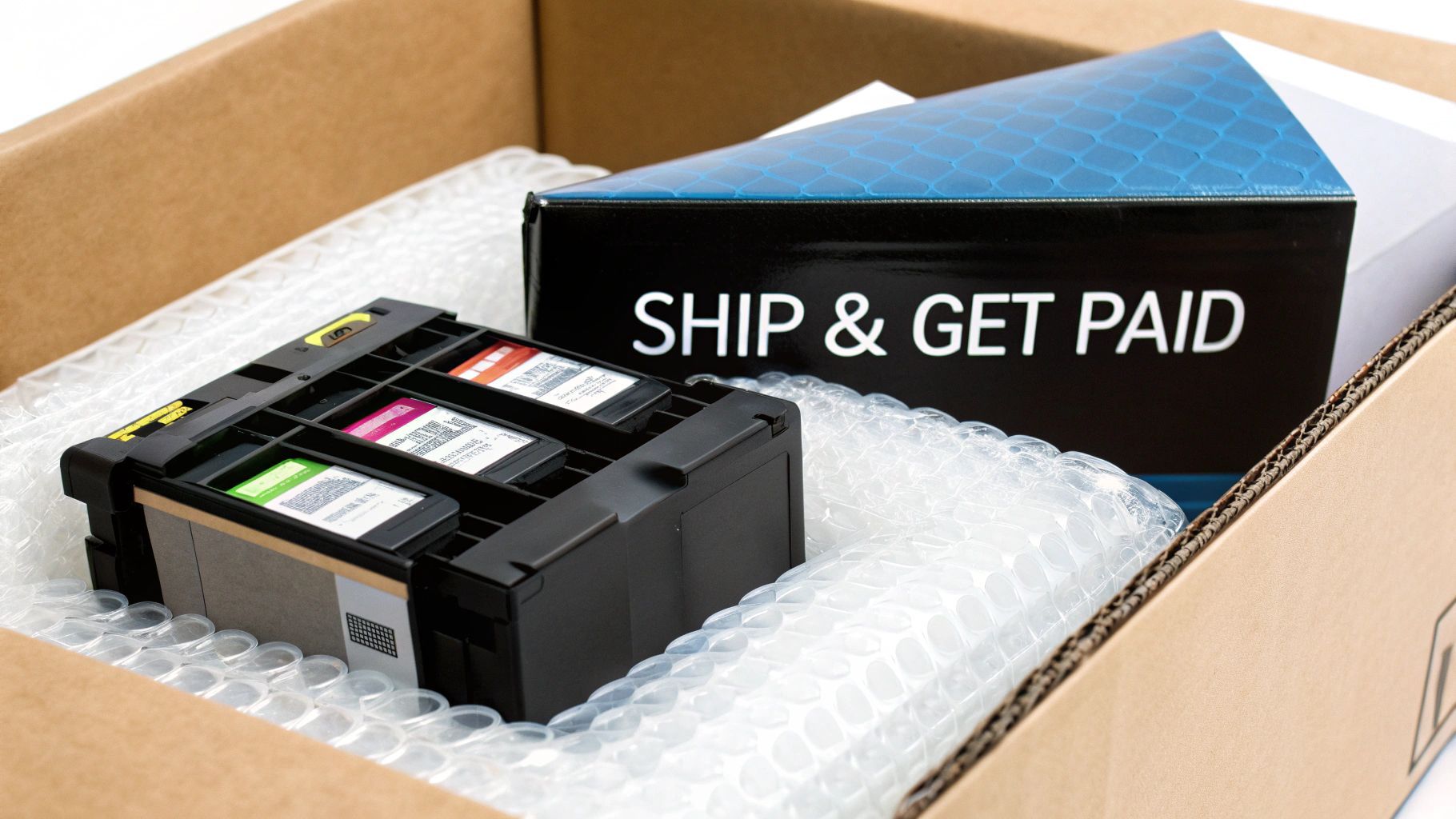 An open cardboard box containing bubble wrap, a holder with colorful ink cartridges, and a 'SHIP & GET PAID' box.