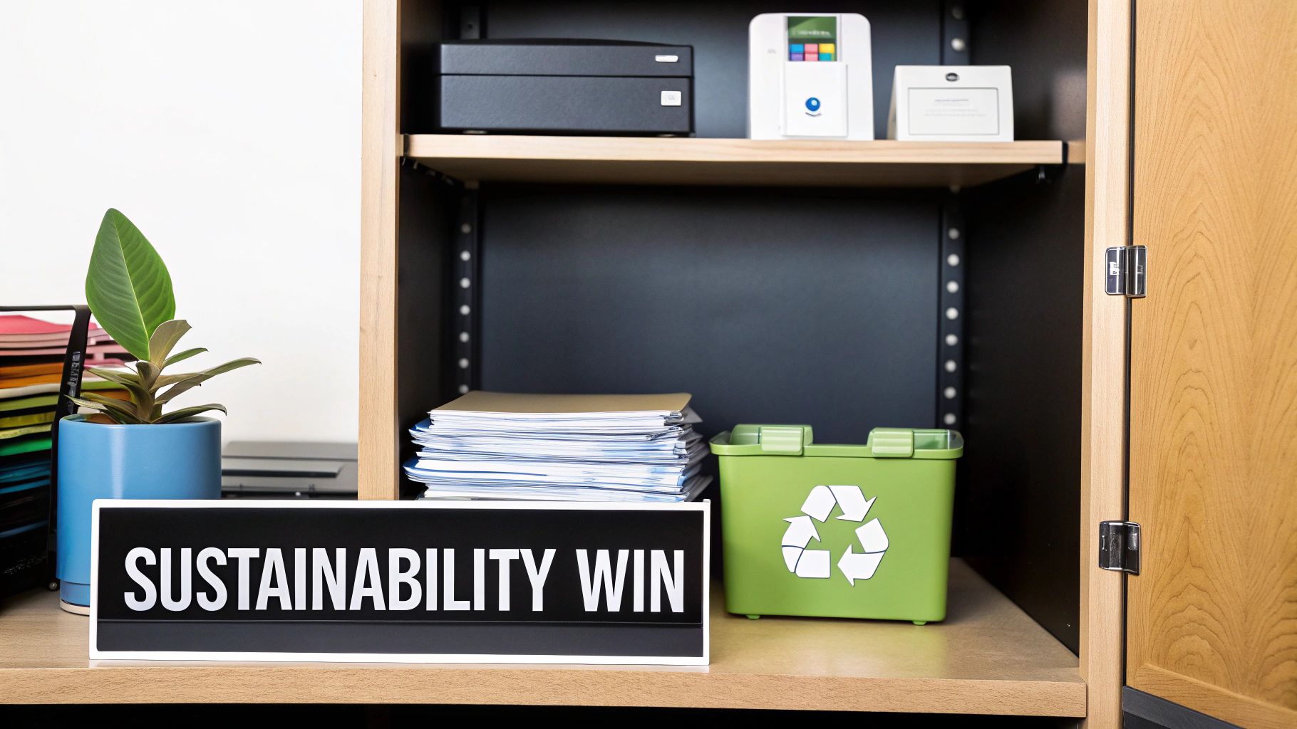 Office desk with sustainability win sign, green recycling bin, and organized paper documents