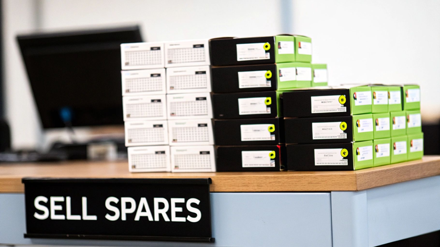 A stack of various new, boxed OEM ink cartridges ready for selling.