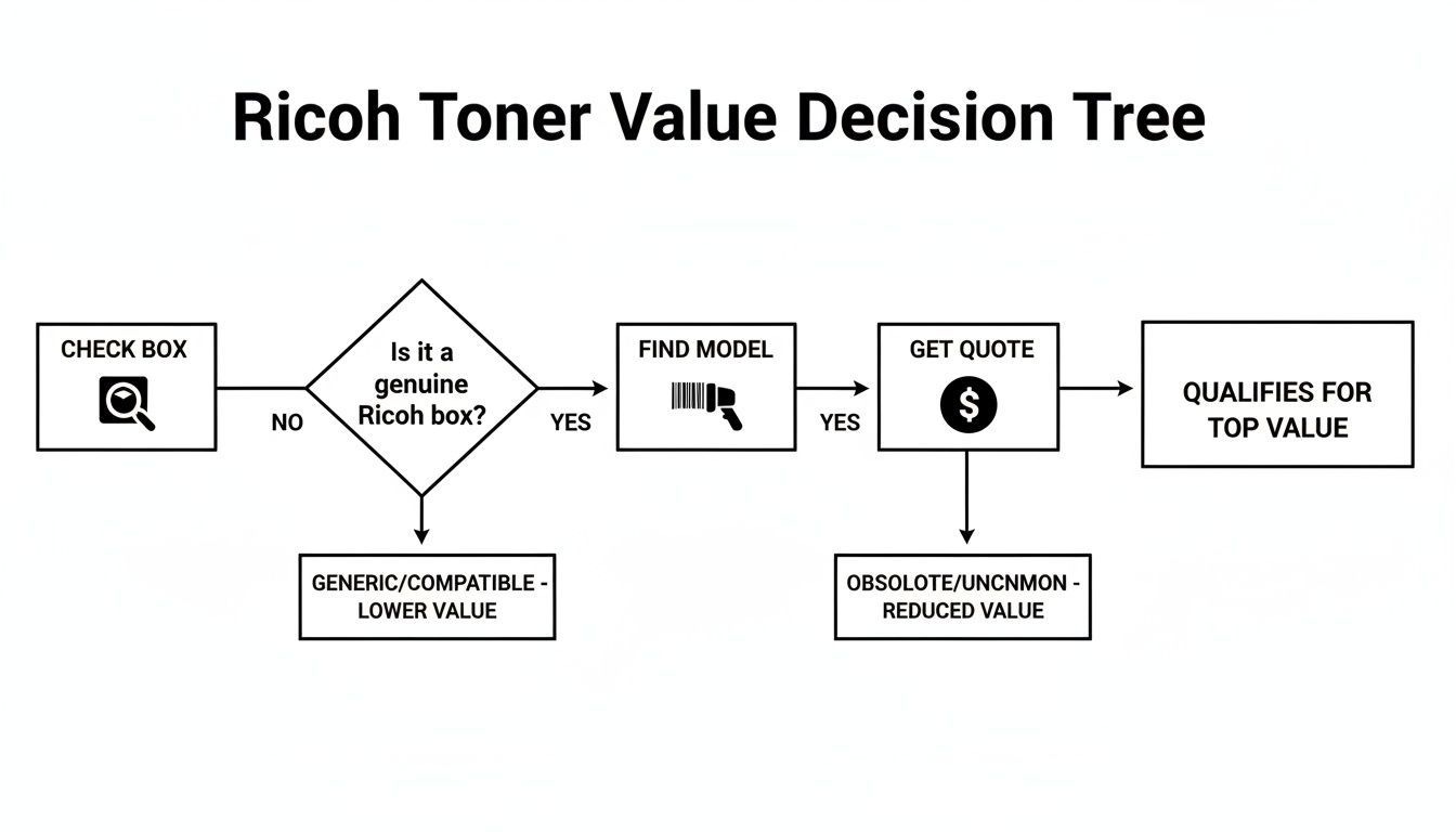 A decision tree flowchart illustrating the steps to determine the value of Ricoh toner boxes for recycling.
