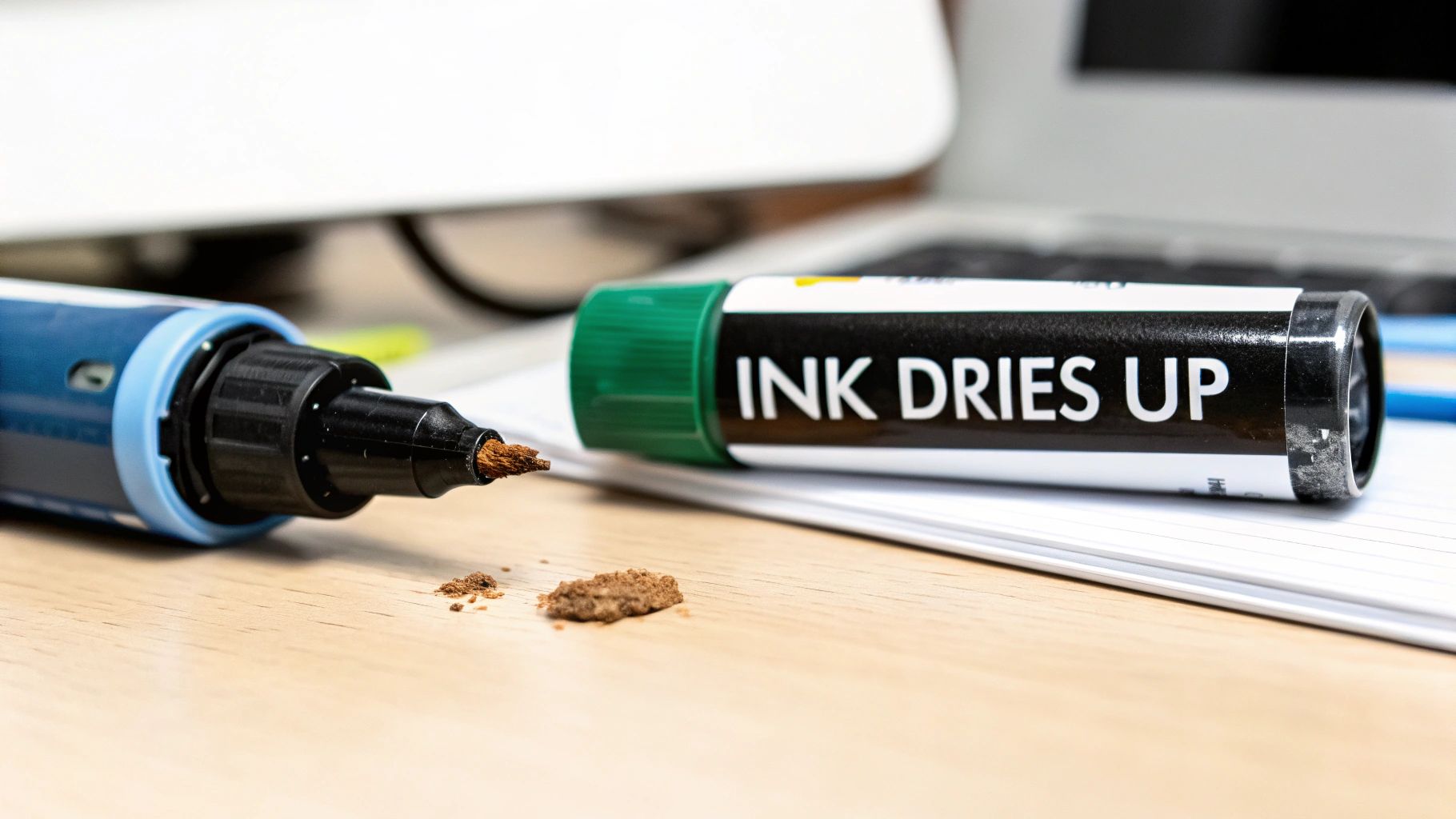 A blue marker pen with a dried, crumbly tip and debris, next to a container labeled "INK DRIES UP".