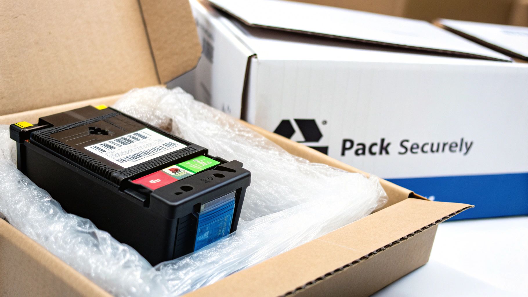A person carefully placing ink cartridges into a shipping box, ensuring they are well-protected.