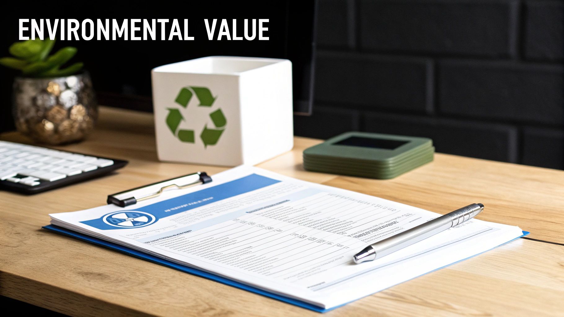 Desk setup with a recycling symbol bin, environmental document, pen, and 'Environmental Value' text.