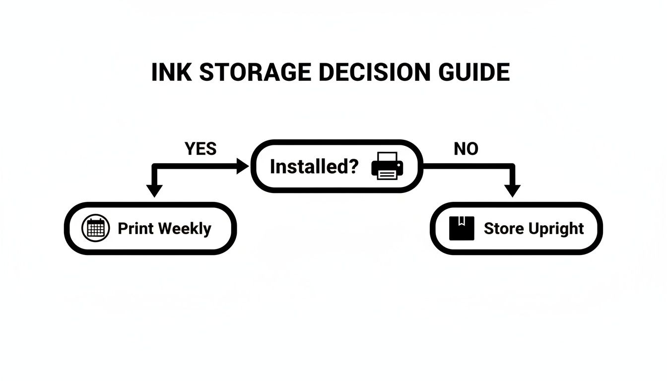 A flowchart showing an ink storage decision guide: print weekly if installed, store upright if not.