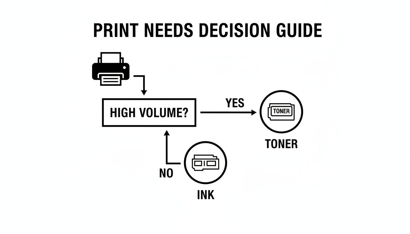 A print needs decision guide flowchart comparing toner and ink cartridges based on high print volume.