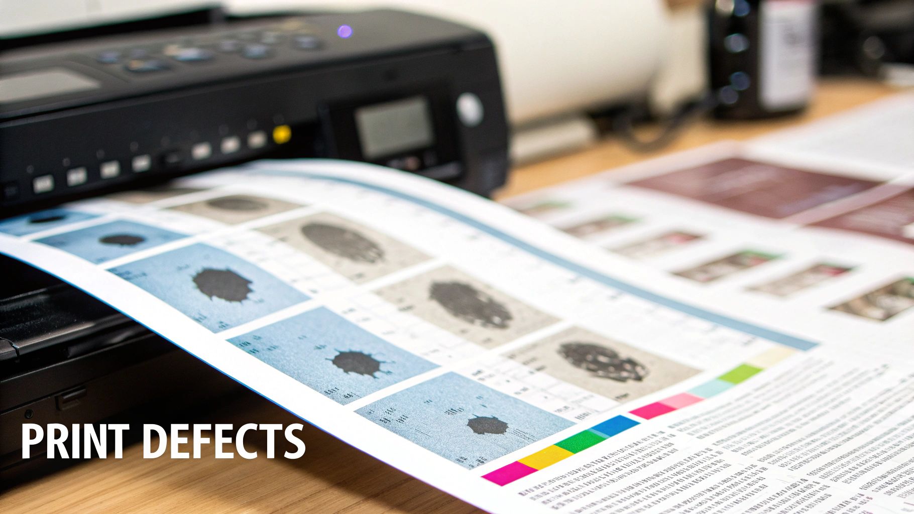 A person inspecting a printed page with streaks and spots, indicating a failing printer drum.