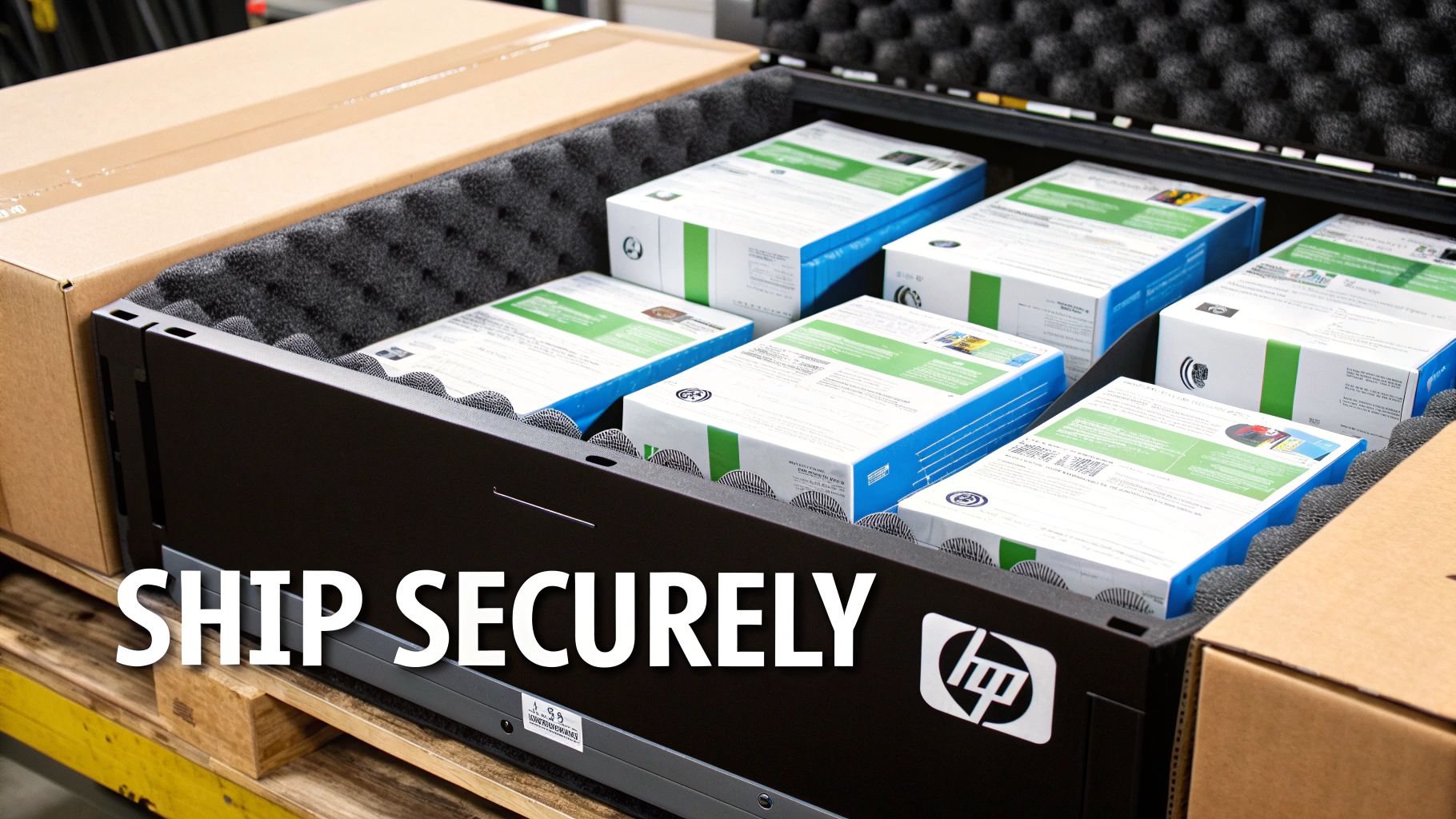 HP toner cartridges securely packed in a foam-padded shipping container, ready for transport.