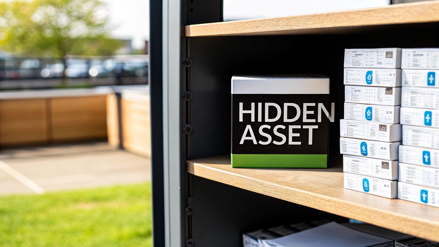 A black box labeled 'HIDDEN ASSET' on a wooden shelf next to stacked white boxes.