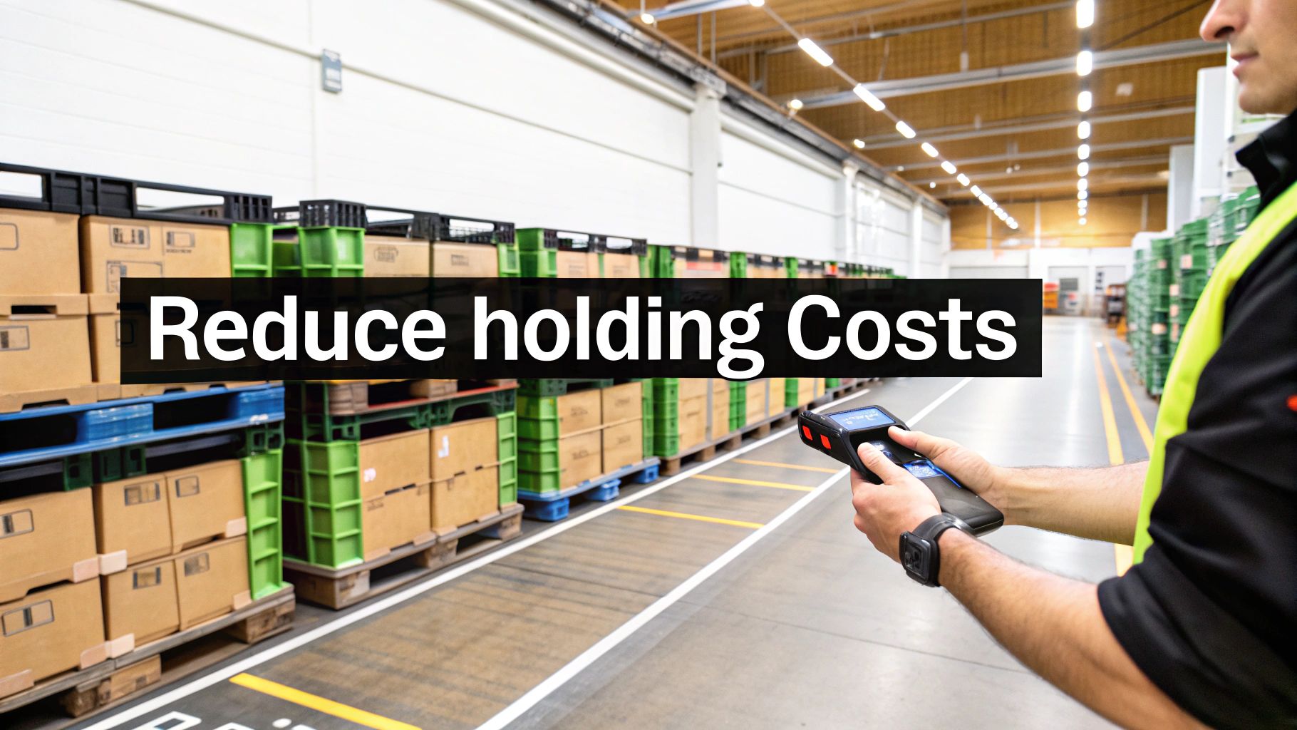 A warehouse worker scans inventory with a handheld device amidst pallets and boxes, text says 'Reduce holding Costs'.
