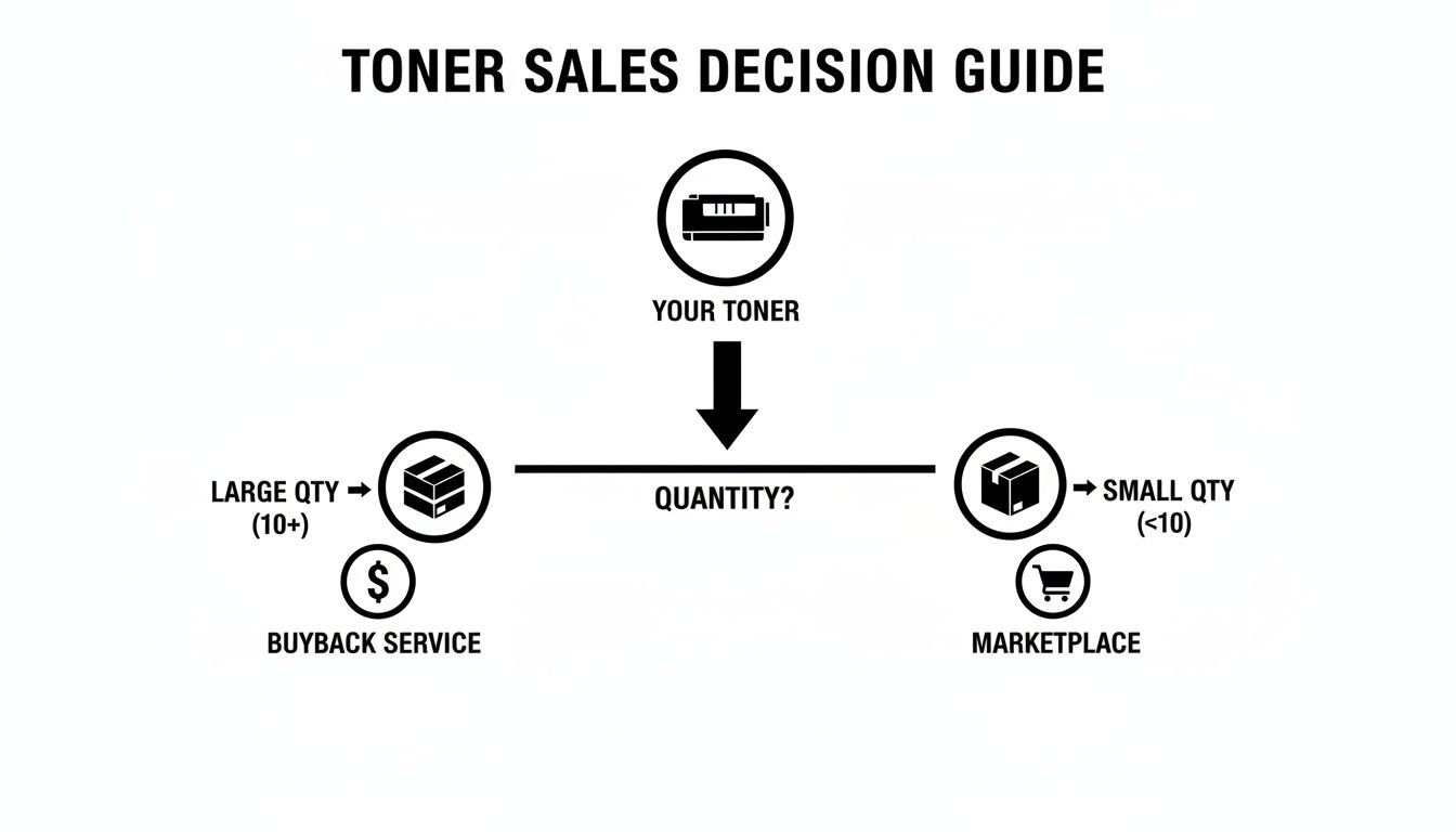 Flowchart guiding toner sales decisions: sell large quantities via buyback service, small quantities on a marketplace.