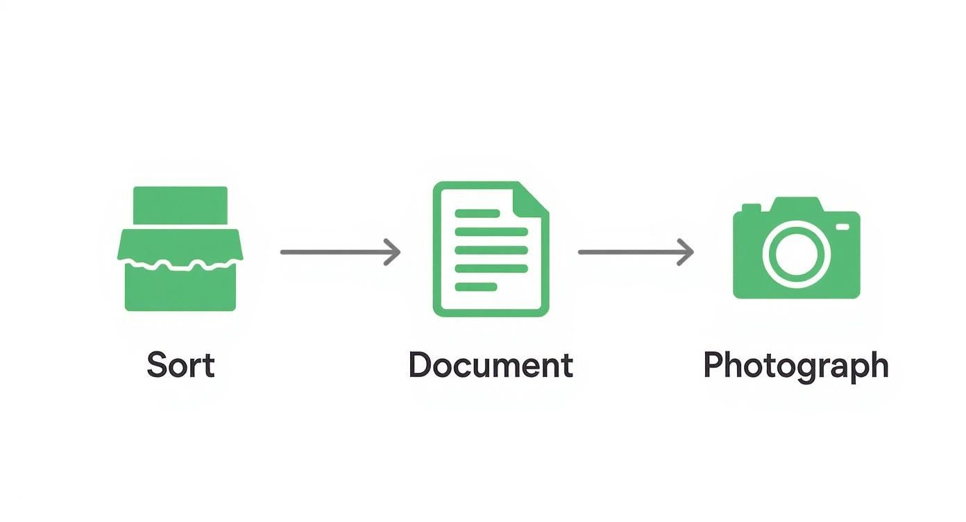 A three-step workflow diagram showing icons for sorting, documenting, and photographing items.