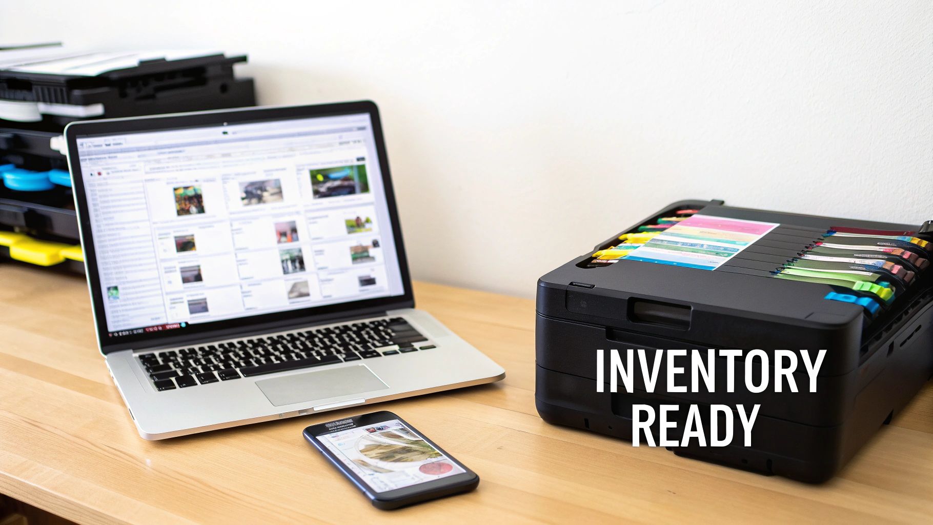 Laptop and smartphone displaying inventory management system beside organized storage box with colorful labels