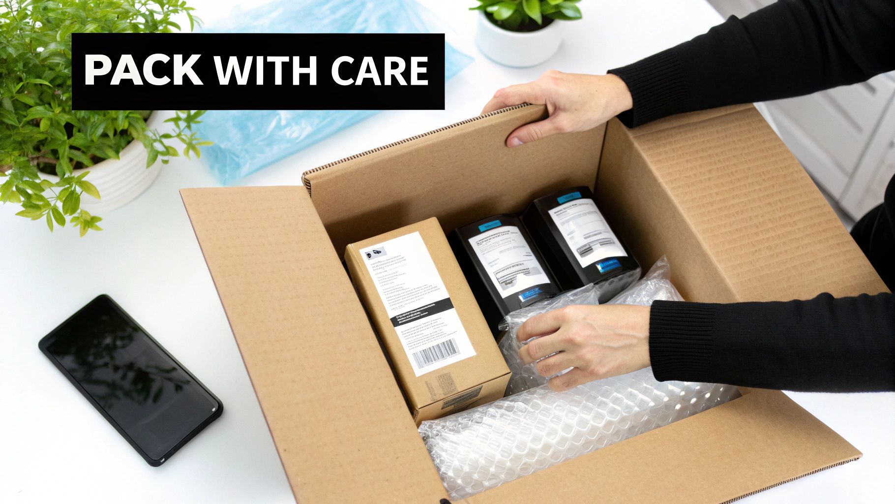 A person's hands carefully pack toner cartridges and other items into a brown shipping box.