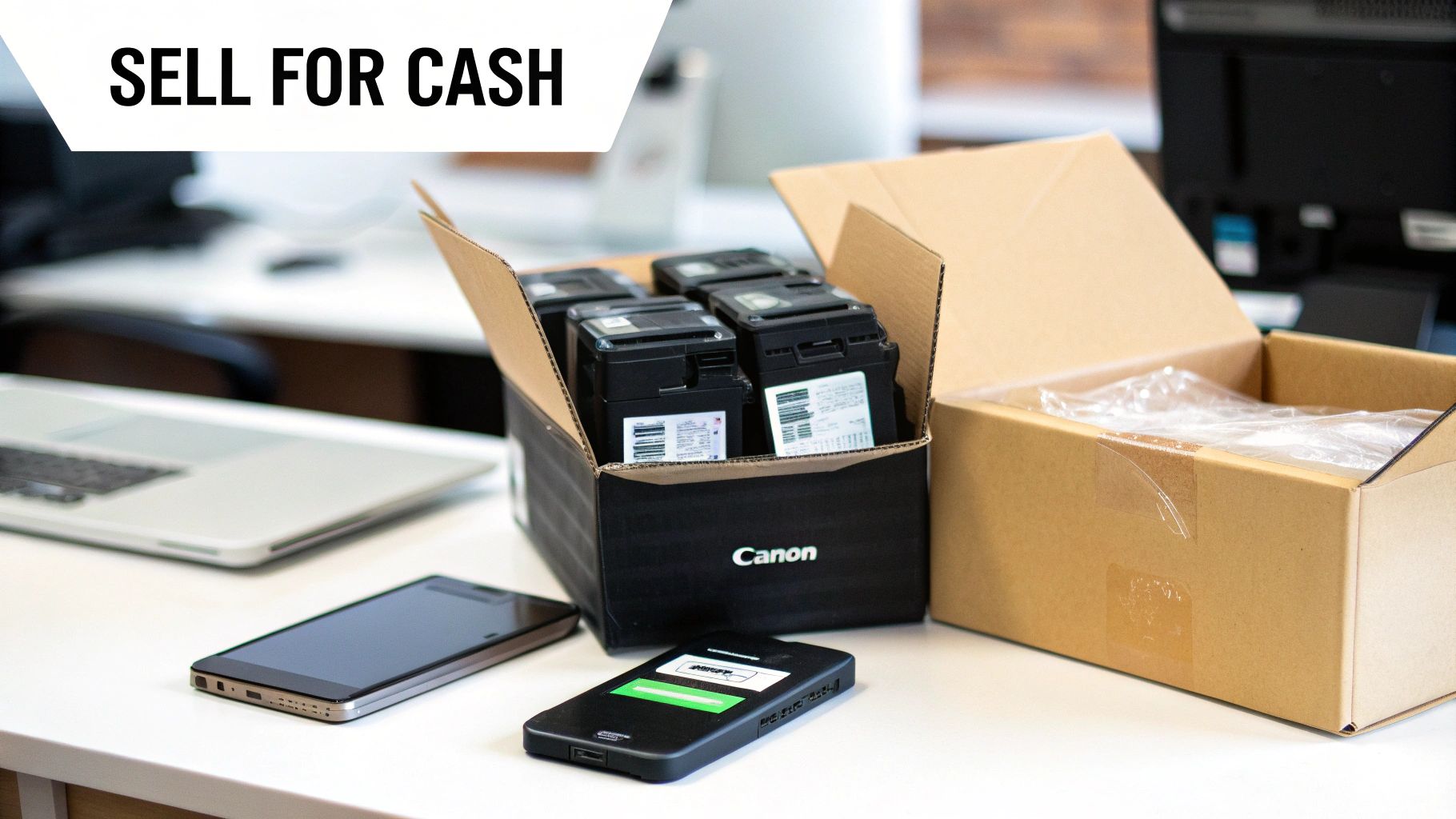 Canon ink cartridges in boxes, phones, and a laptop on a desk, with 'SELL FOR CASH' text.
