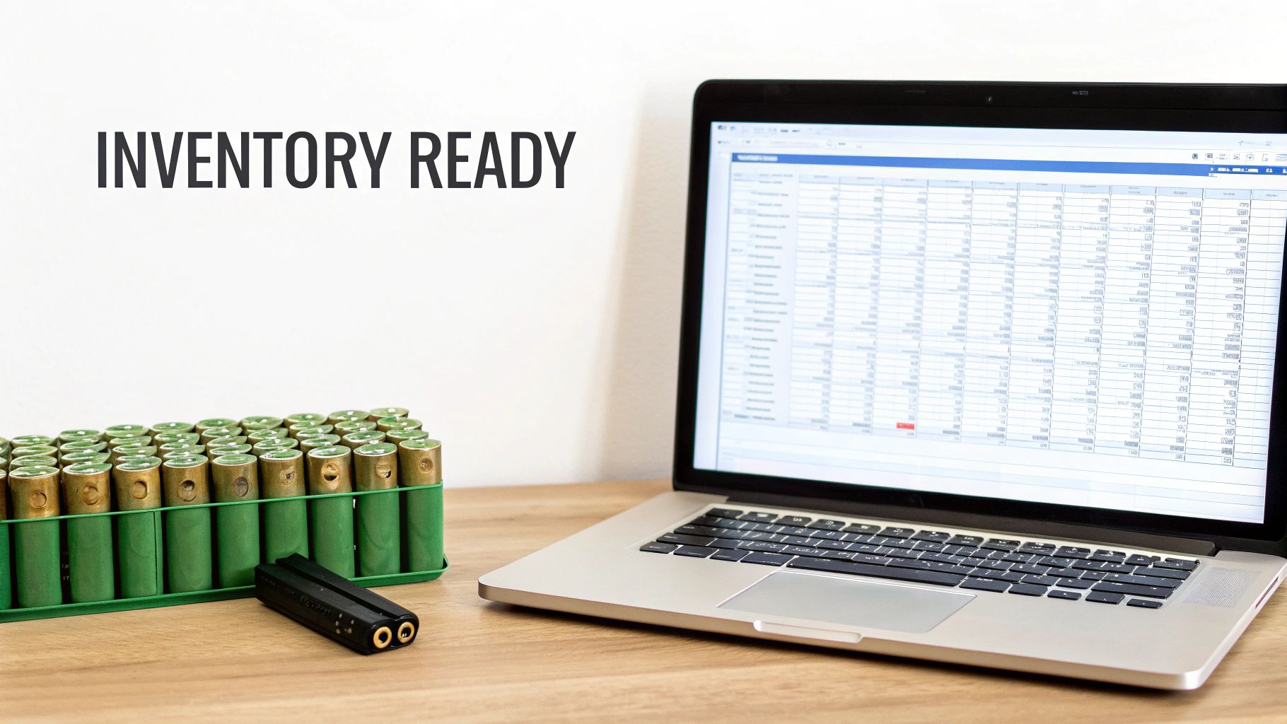 A desk with a laptop showing inventory data, a tray of shotgun shells, and a gun magazine, with 'INVENTORY READY' on the wall.
