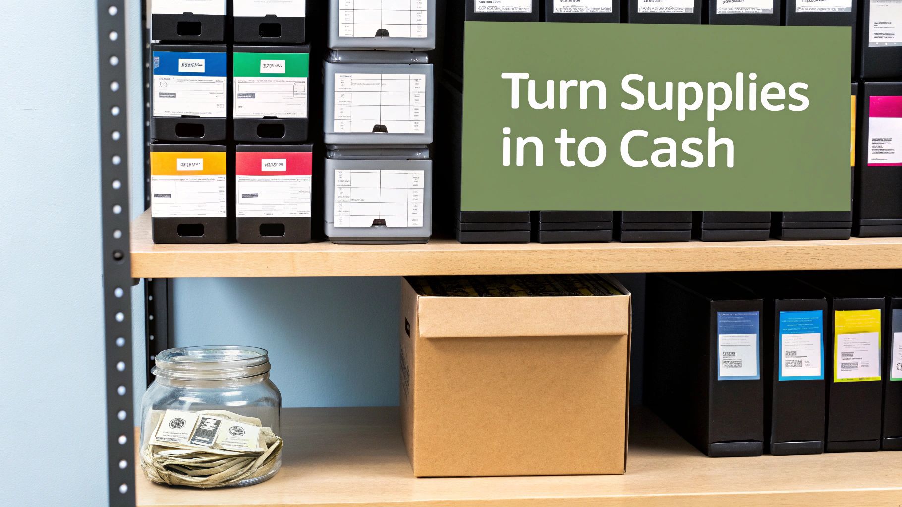 Organized office shelves with storage boxes, binders, a cash jar, and a sign: 'Turn Supplies into Cash'.