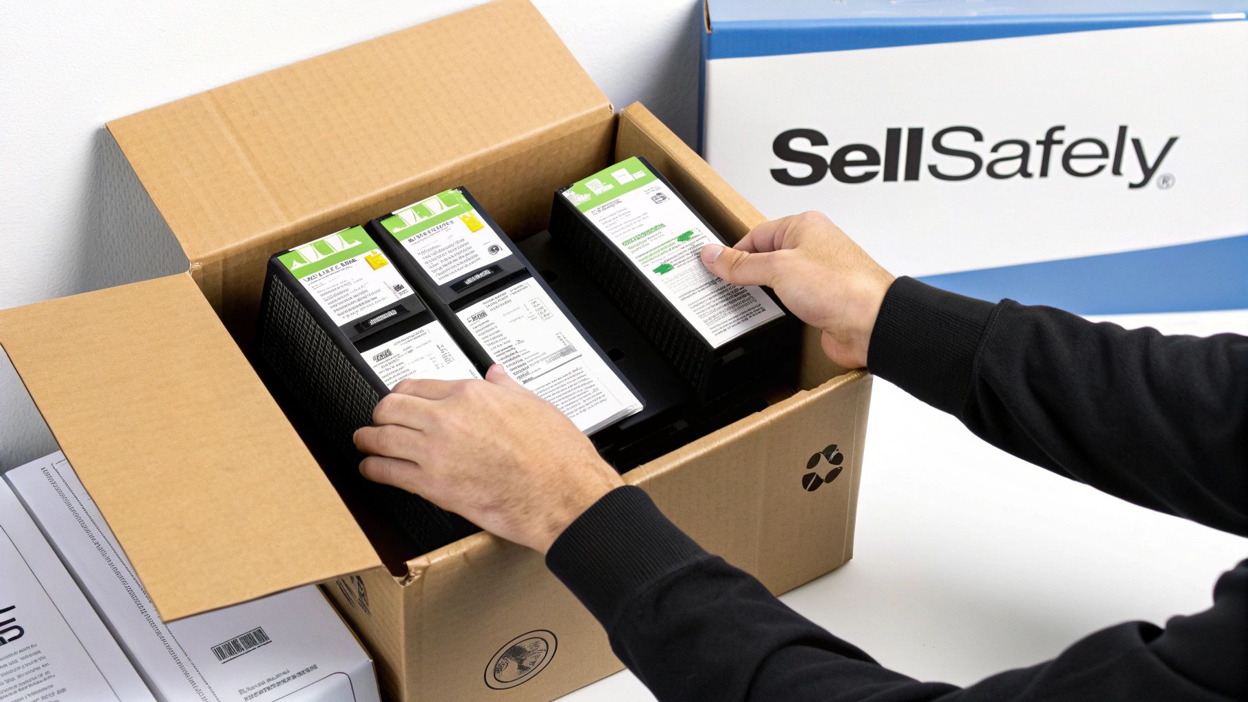 Hands carefully place black and green labeled products into a brown cardboard box, with a 'SellSafely' box nearby.