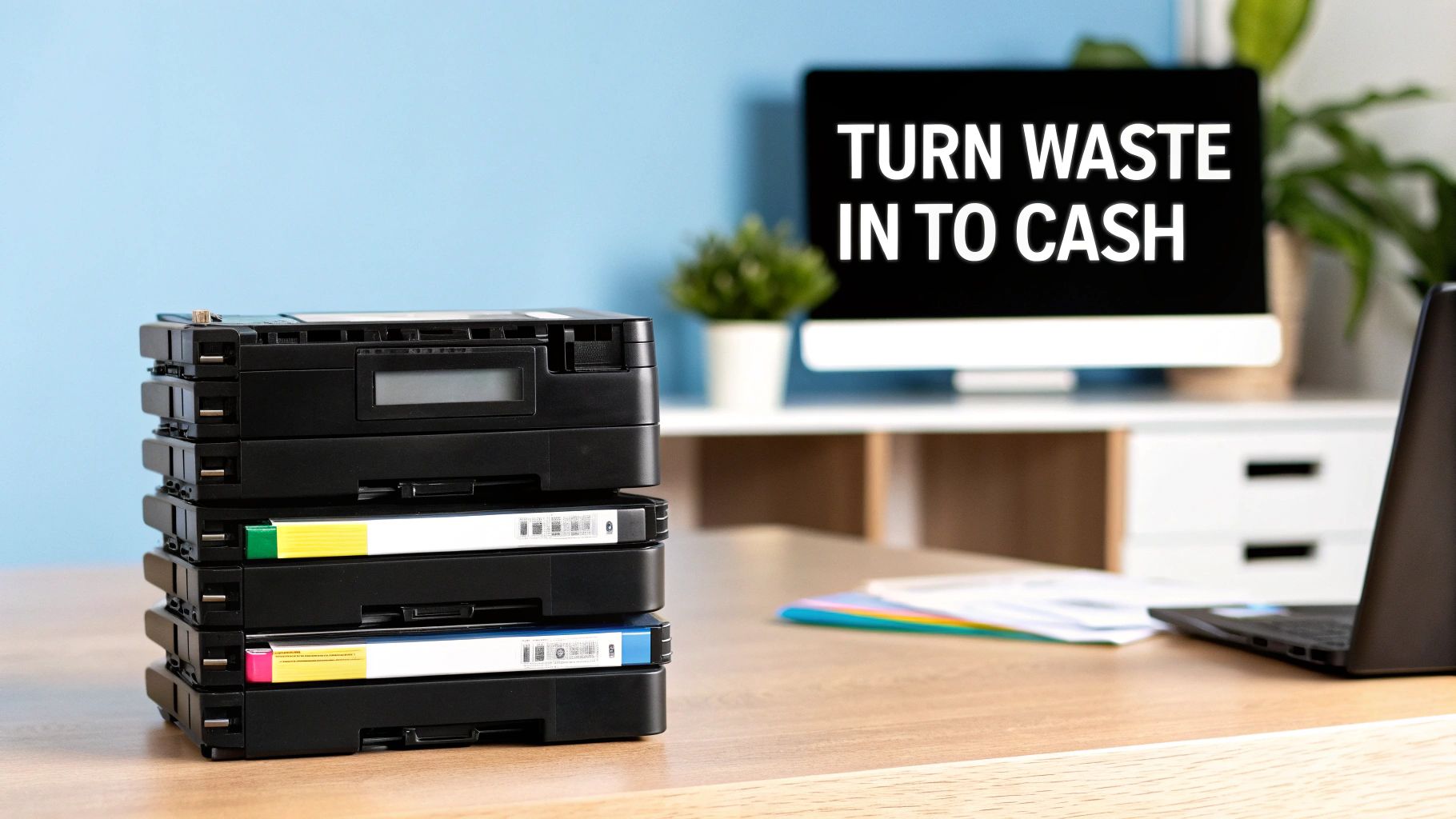 Stack of used printer ink cartridges on a desk with a monitor displaying 'Turn Waste Into Cash'.