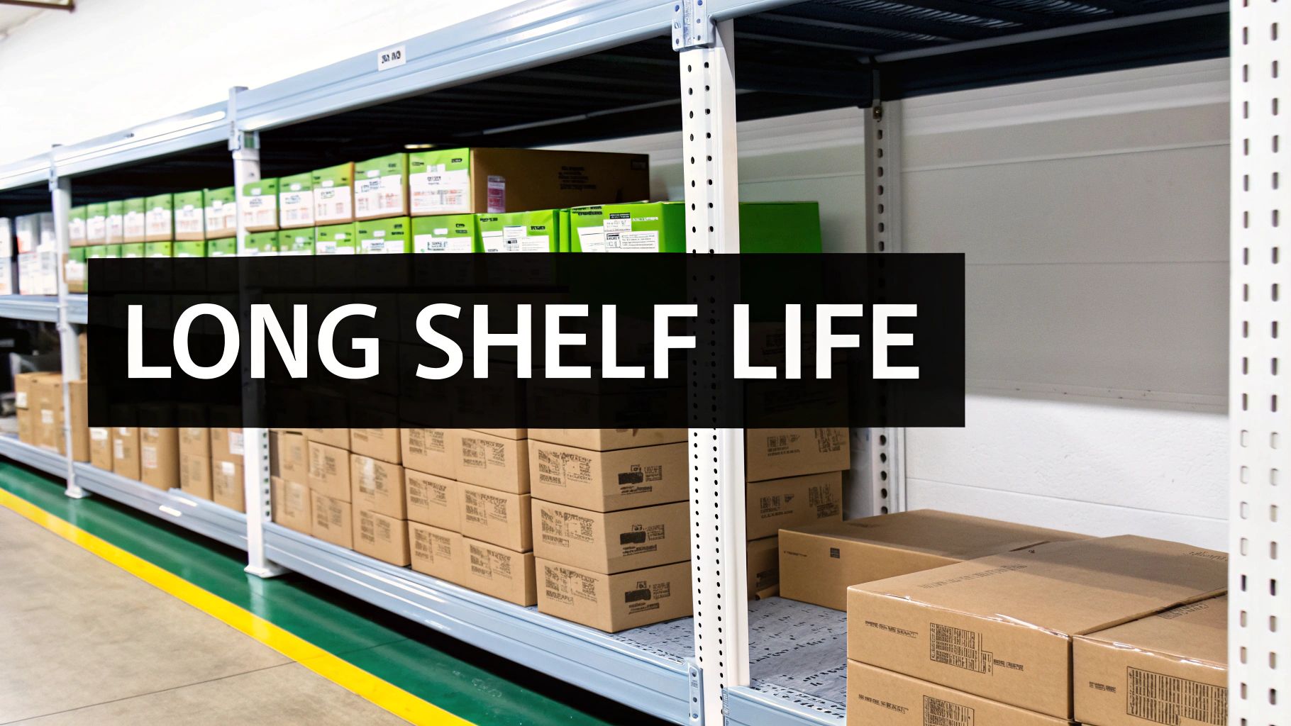 Warehouse shelves stocked with various packaged products, emphasizing a long shelf life.