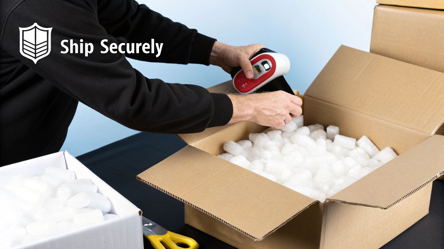 A person securely packing a cardboard box with white packing peanuts, preparing for shipment.