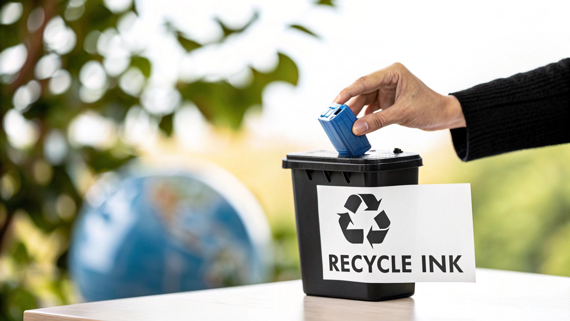 Hand placing a blue ink cartridge into a black bin with a 'RECYCLE INK' label and recycling symbol.