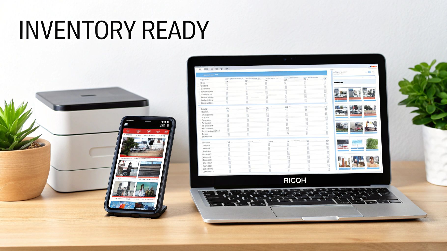 Desk setup with laptop displaying an inventory system, a smartphone, a plant, and a white device.