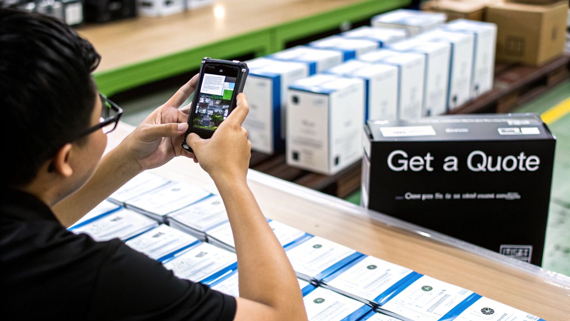 Person uses a smartphone to scan or photograph boxes and product packaging in a warehouse setting.