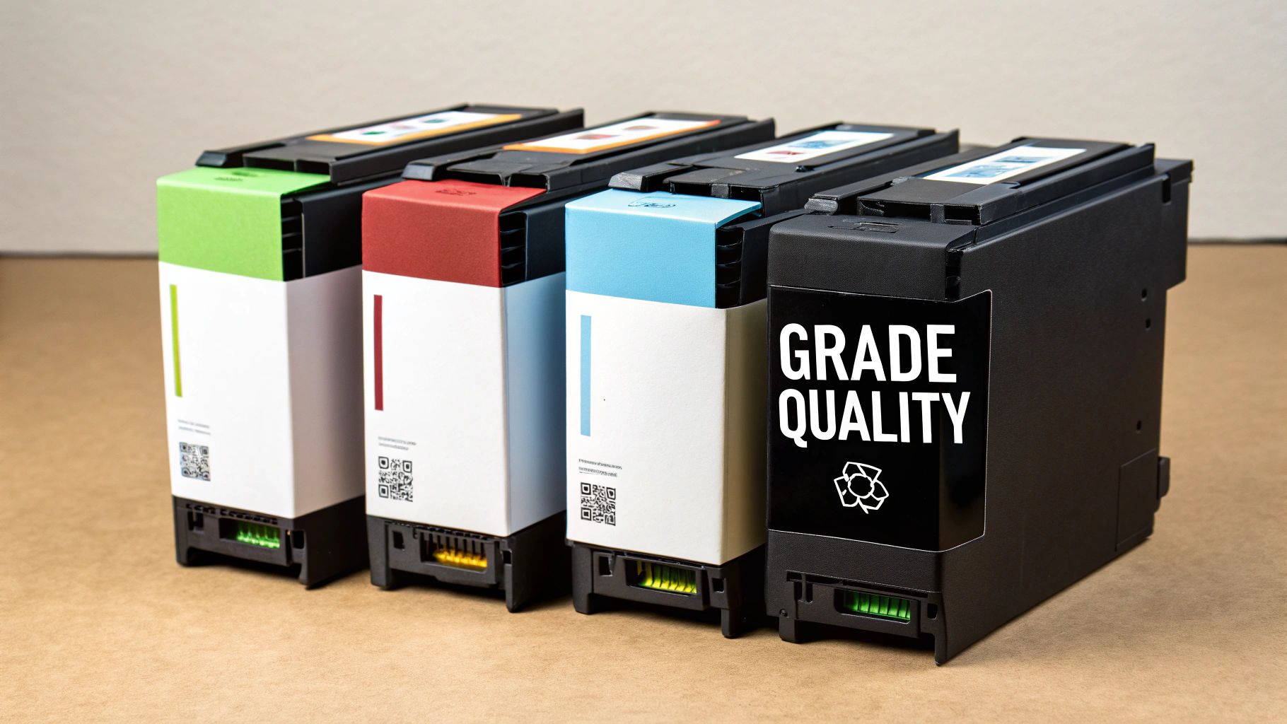Four new printer ink cartridges in a row, with colored labels and a 'Grade Quality' label.