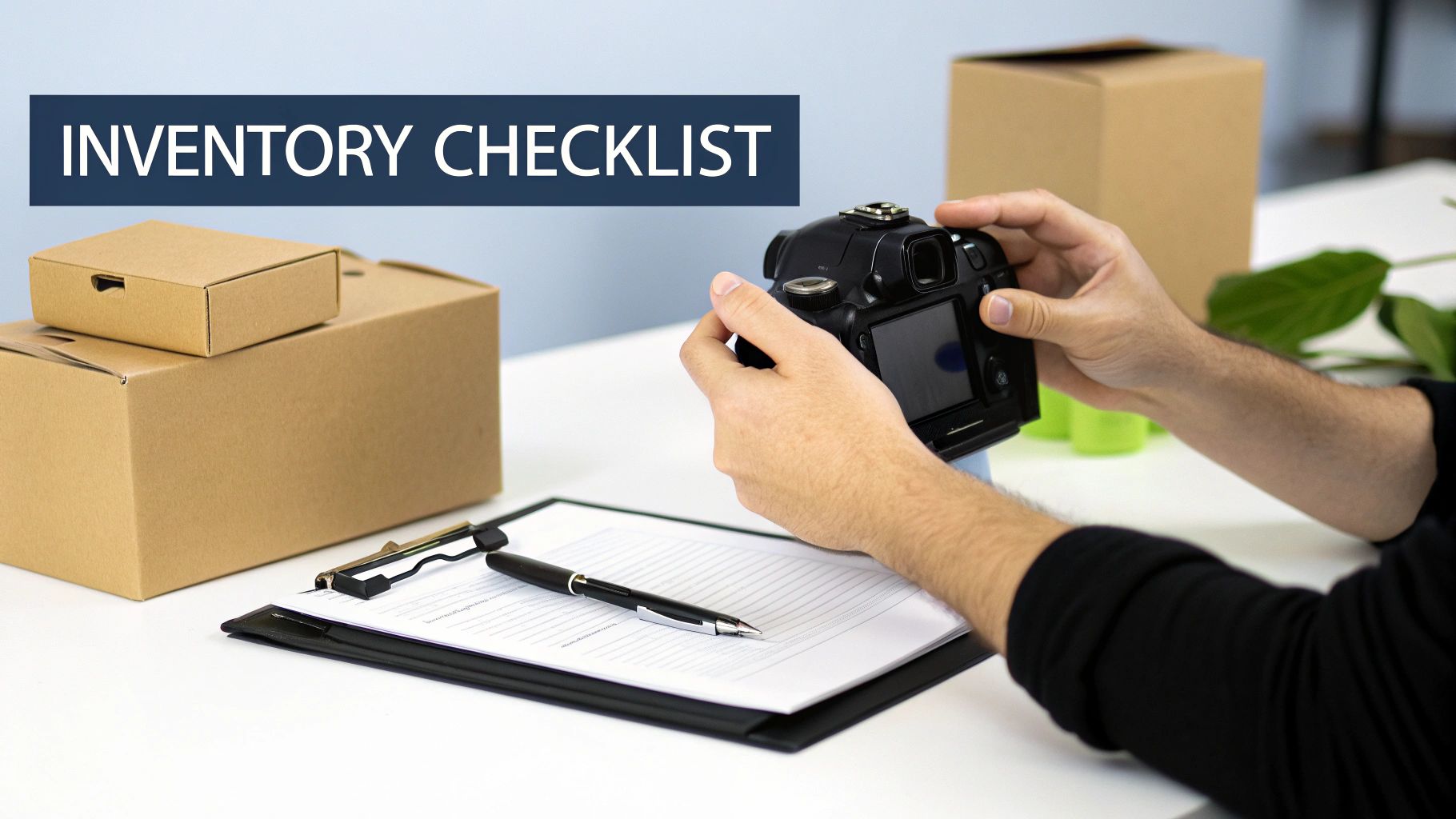 A person's hands hold a camera, with an inventory checklist, pen, and cardboard boxes on a desk.