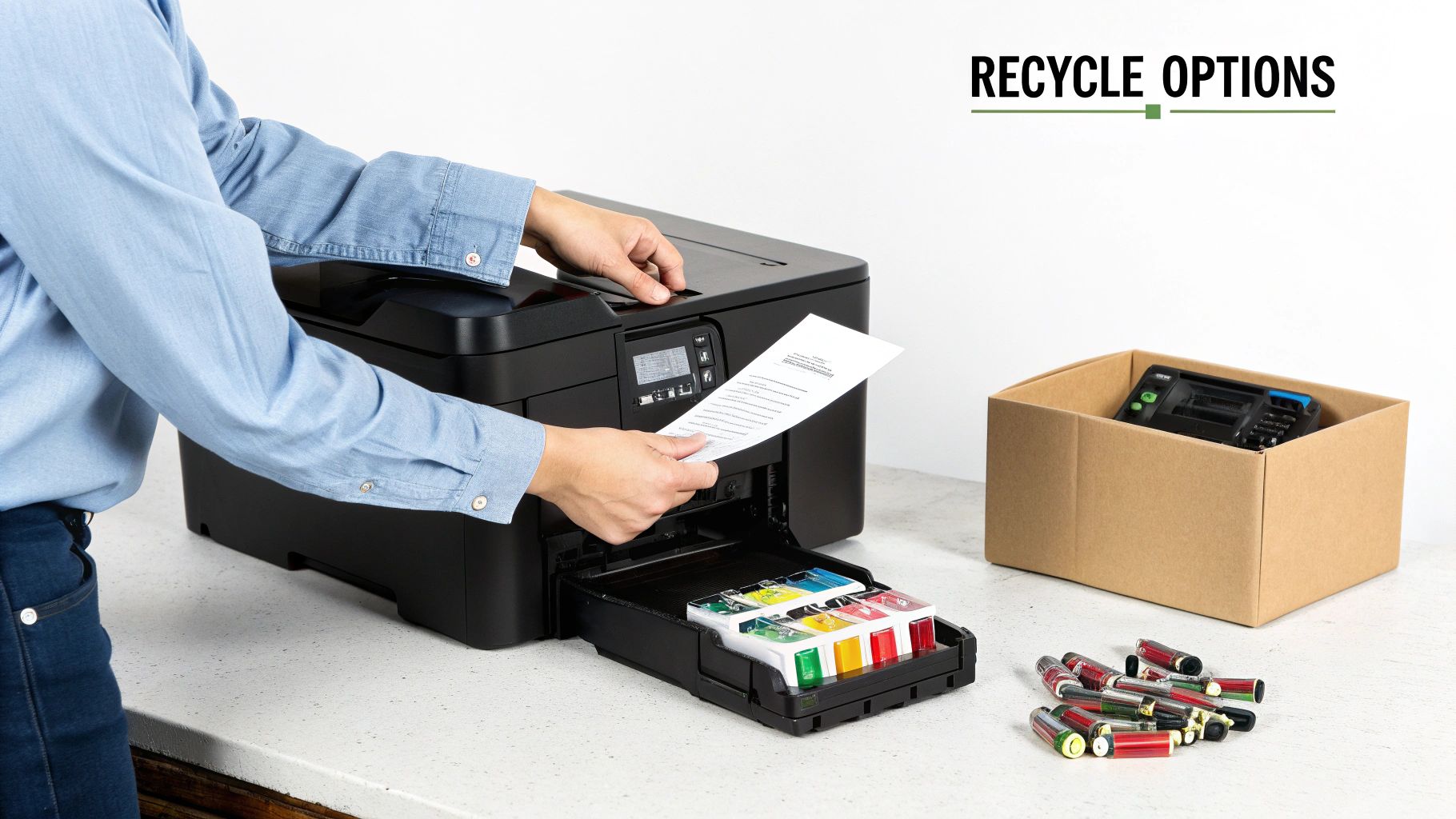 Hands loading paper into a printer with ink cartridges, next to items for recycling.