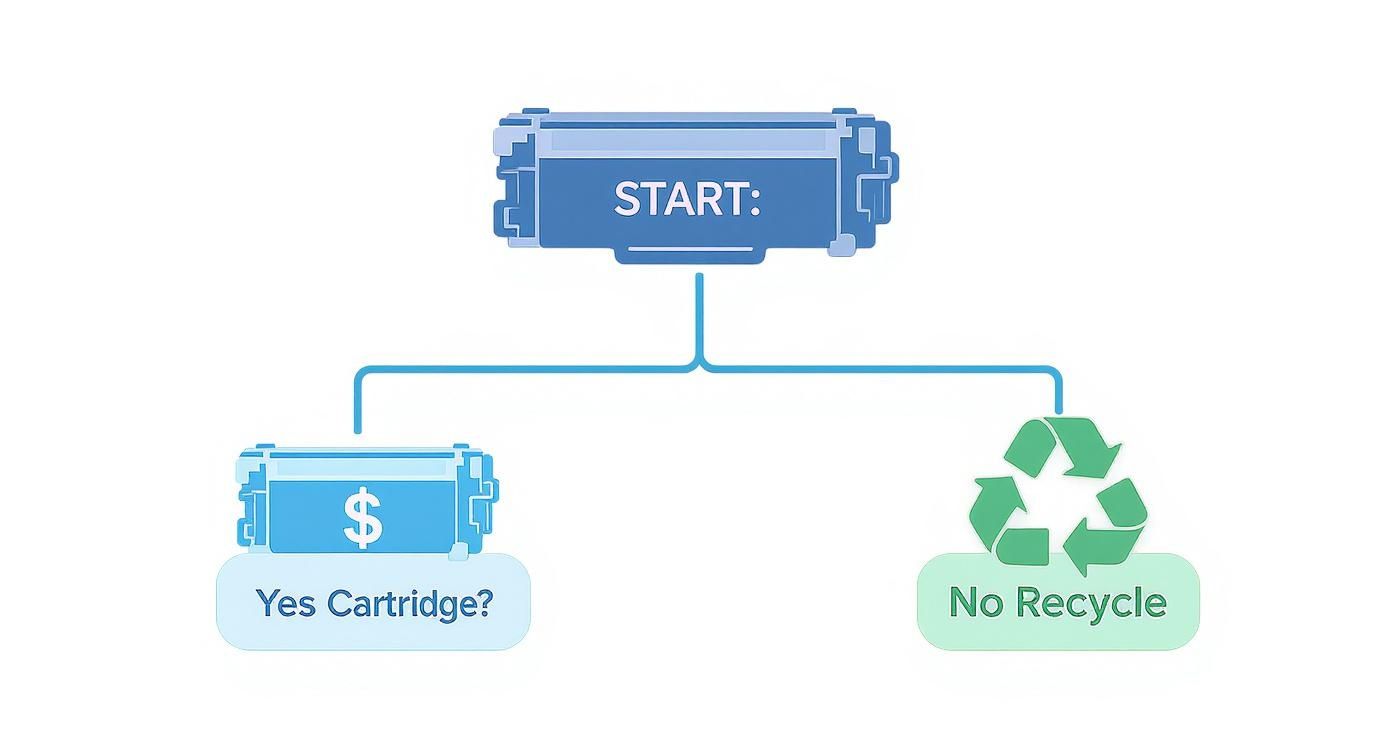 Flowchart showing decision path from start to cartridge payment or recycling options for toner cartridges