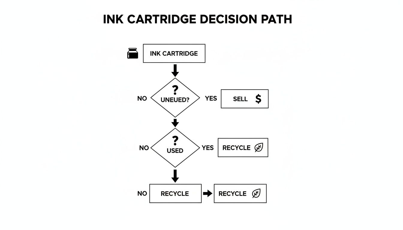 Flowchart for ink cartridge decision path: sell if unused, recycle if used, or recycle by default.