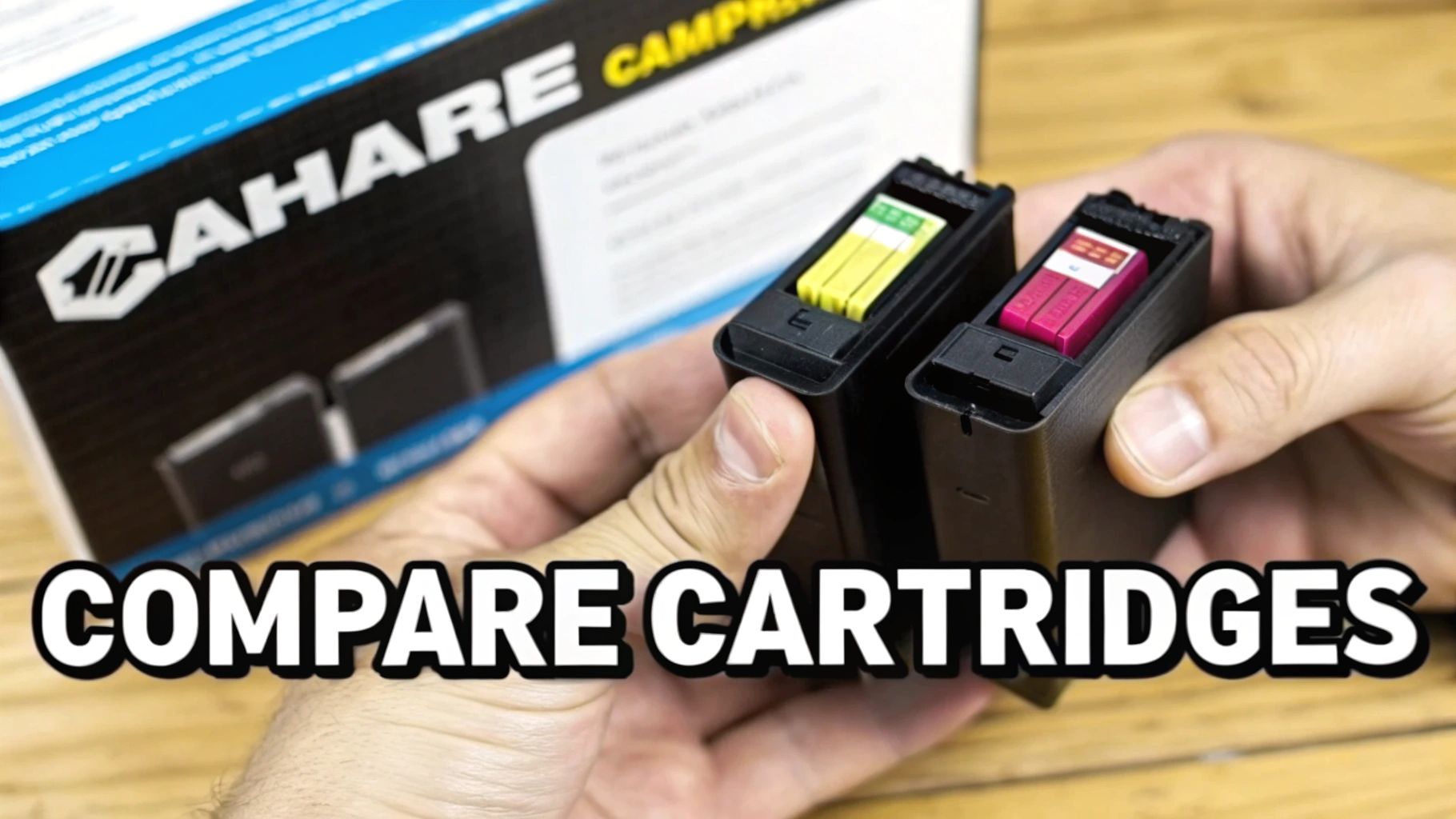 Hands holding two printer ink cartridges, yellow and magenta, in front of a product box with text.