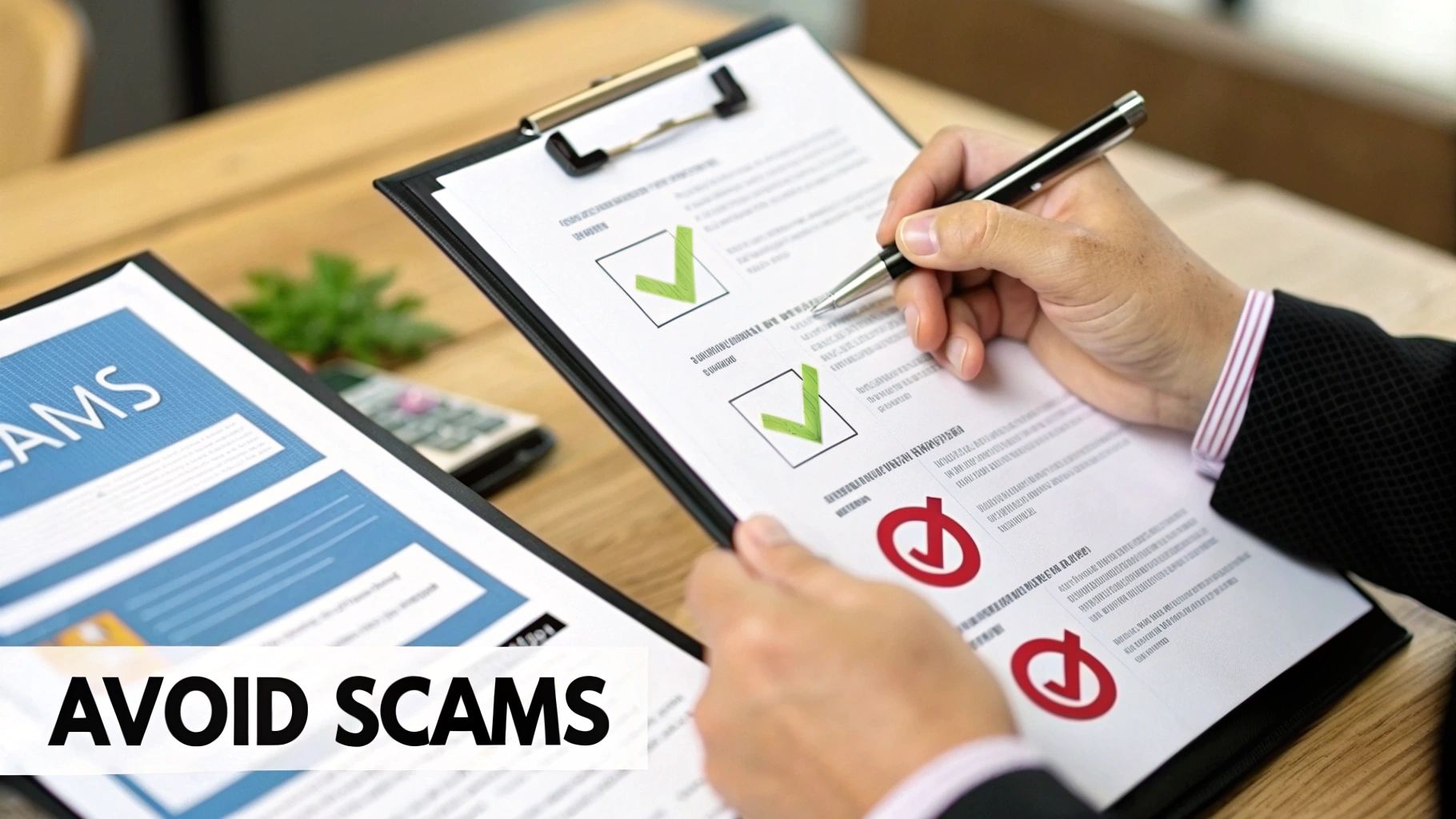 A person checks a document on a clipboard with green checkmarks and red rejection symbols, emphasizing avoiding scams.