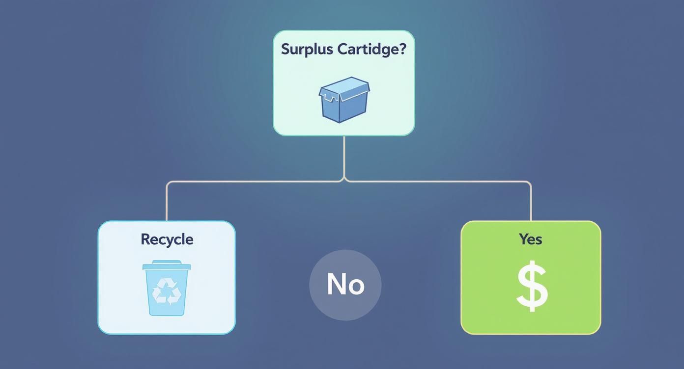 Decision flowchart showing options for surplus printer cartridges: recycle or sell for cash