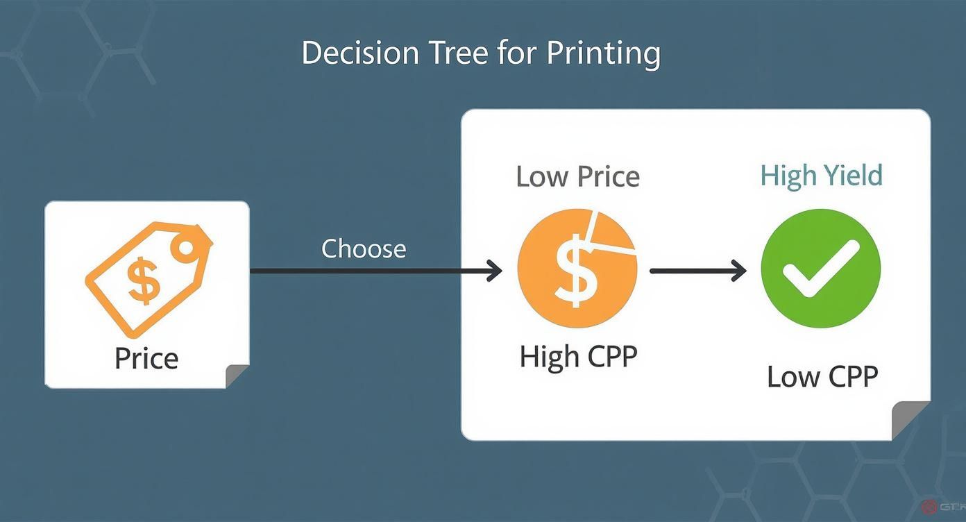 Infographic decision tree showing that a low initial price can lead to a high cost-per-page, while choosing a high-yield option results in a low cost-per-page.