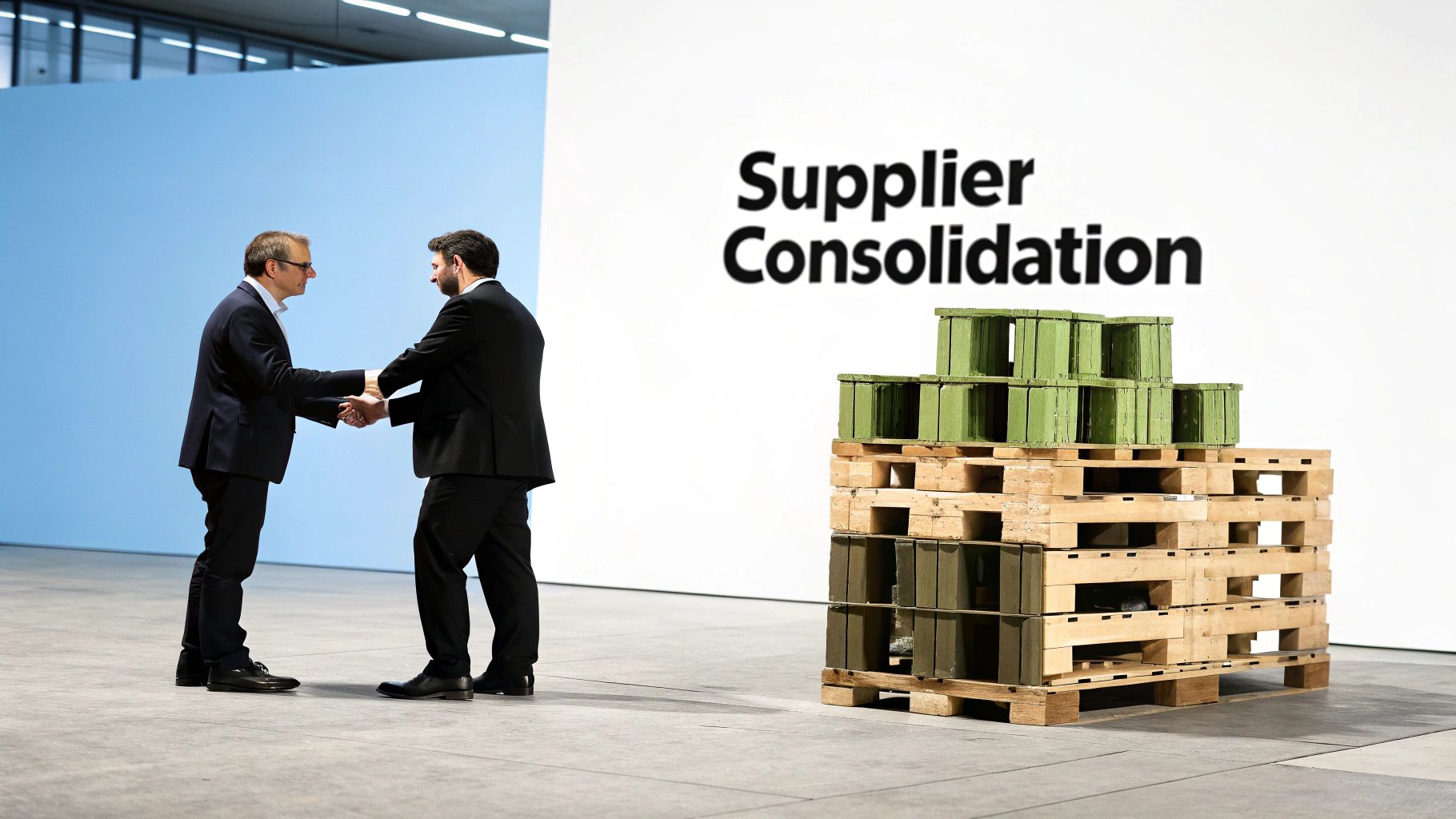Two businessmen shaking hands in front of 'Supplier Consolidation' text and stacked pallets.