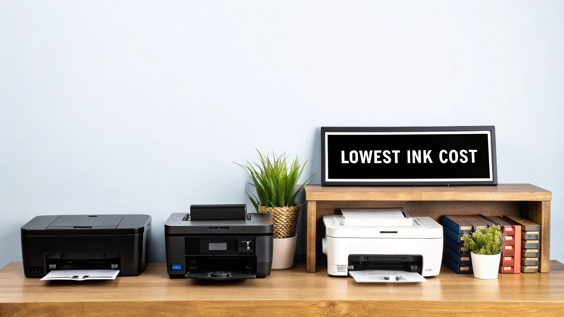A laser printer and an inkjet printer side-by-side on a desk