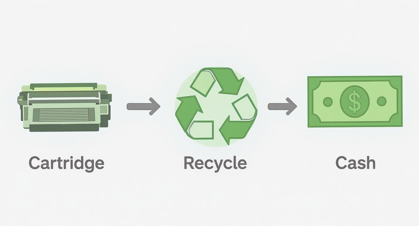 Illustration showing the process of recycling a printer cartridge to earn cash.