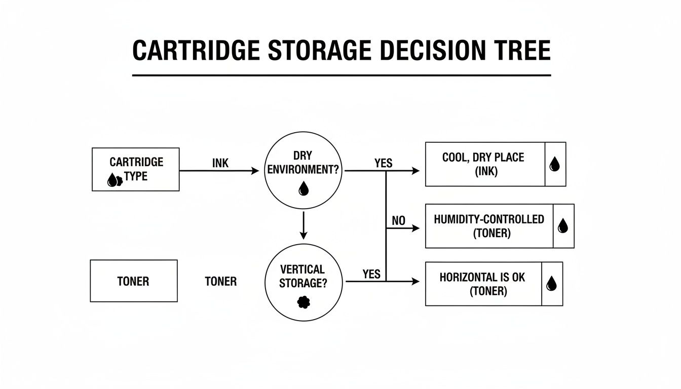 A flowchart decision tree outlining storage recommendations for ink and toner cartridges based on environment.