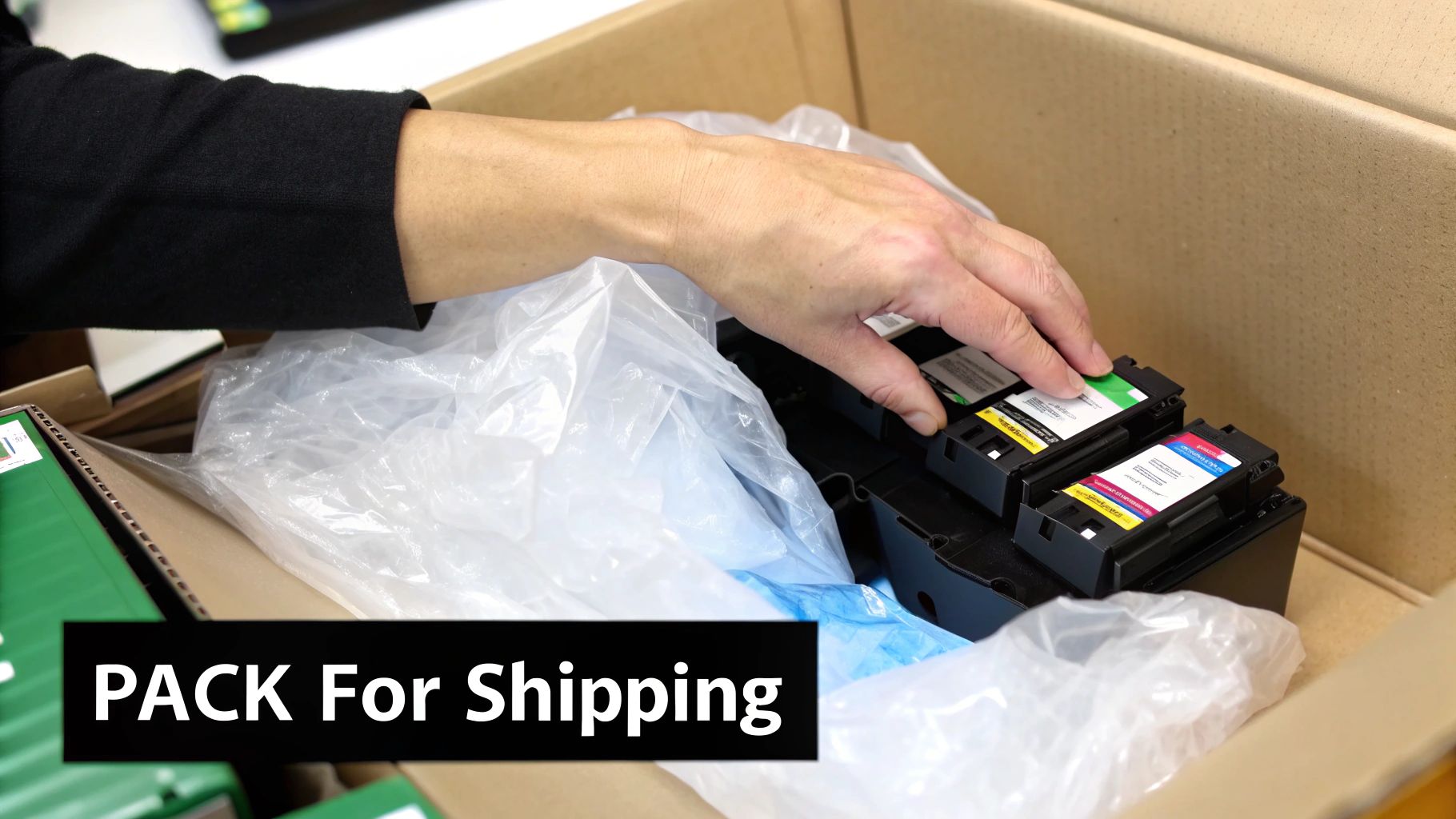 A person's hand carefully places colorful printer ink cartridges into a cardboard box for shipping.