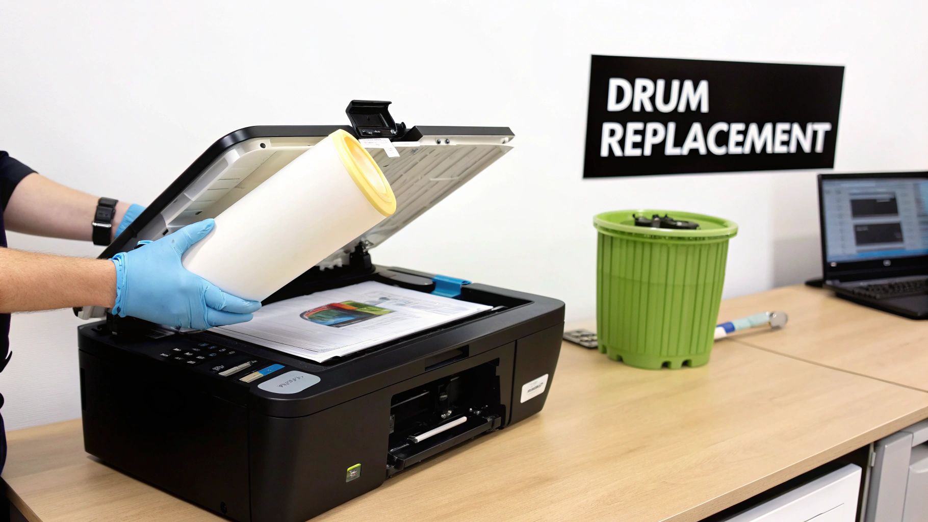 A cylindrical printer drum unit with green and blue components, held over a white surface.