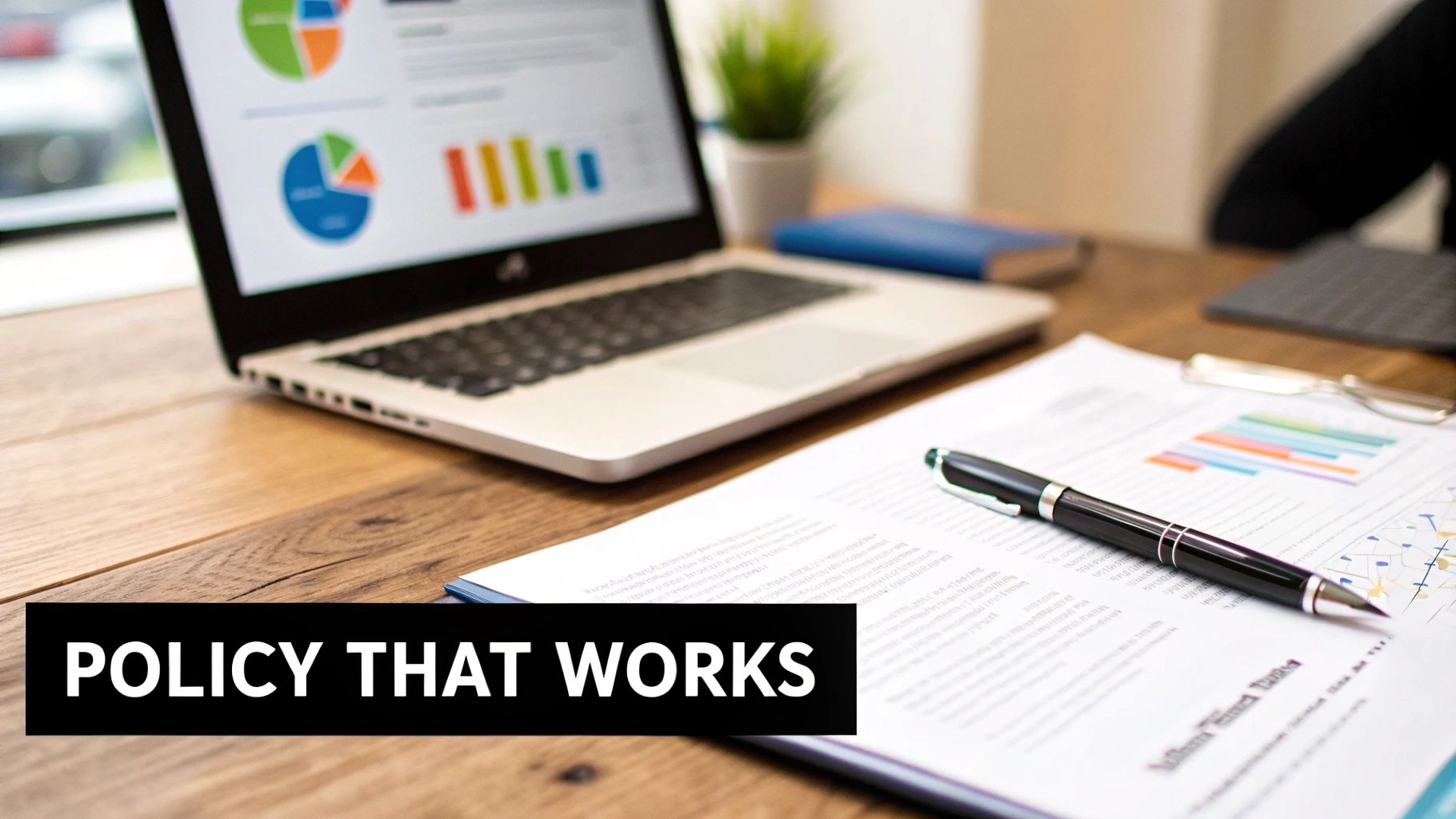 A laptop displaying business charts and a document with a pen on a wooden desk with overlaid text 'POLICY THAT WORKS'.