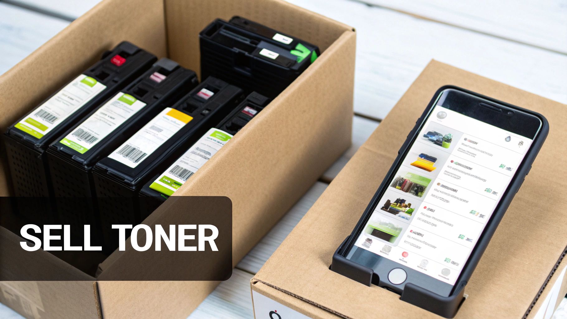 A cardboard box filled with printer toner cartridges next to a smartphone showing a selling app.