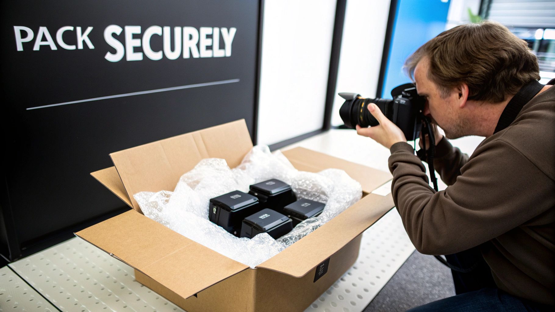 A photographer captures electronic devices securely packed in a bubble-wrapped box, with a 'PACK SECURELY' sign.